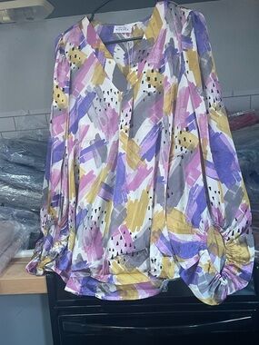 Abstract Brushstroke Off-Shoulder Blouse in Yellow, Purple & Gray